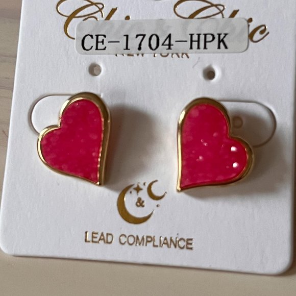 Hot Pink Druzy Heart Stud Earrings for Women Sparkly Gold Tone Bezel Large Studs - Picture 1 of 6